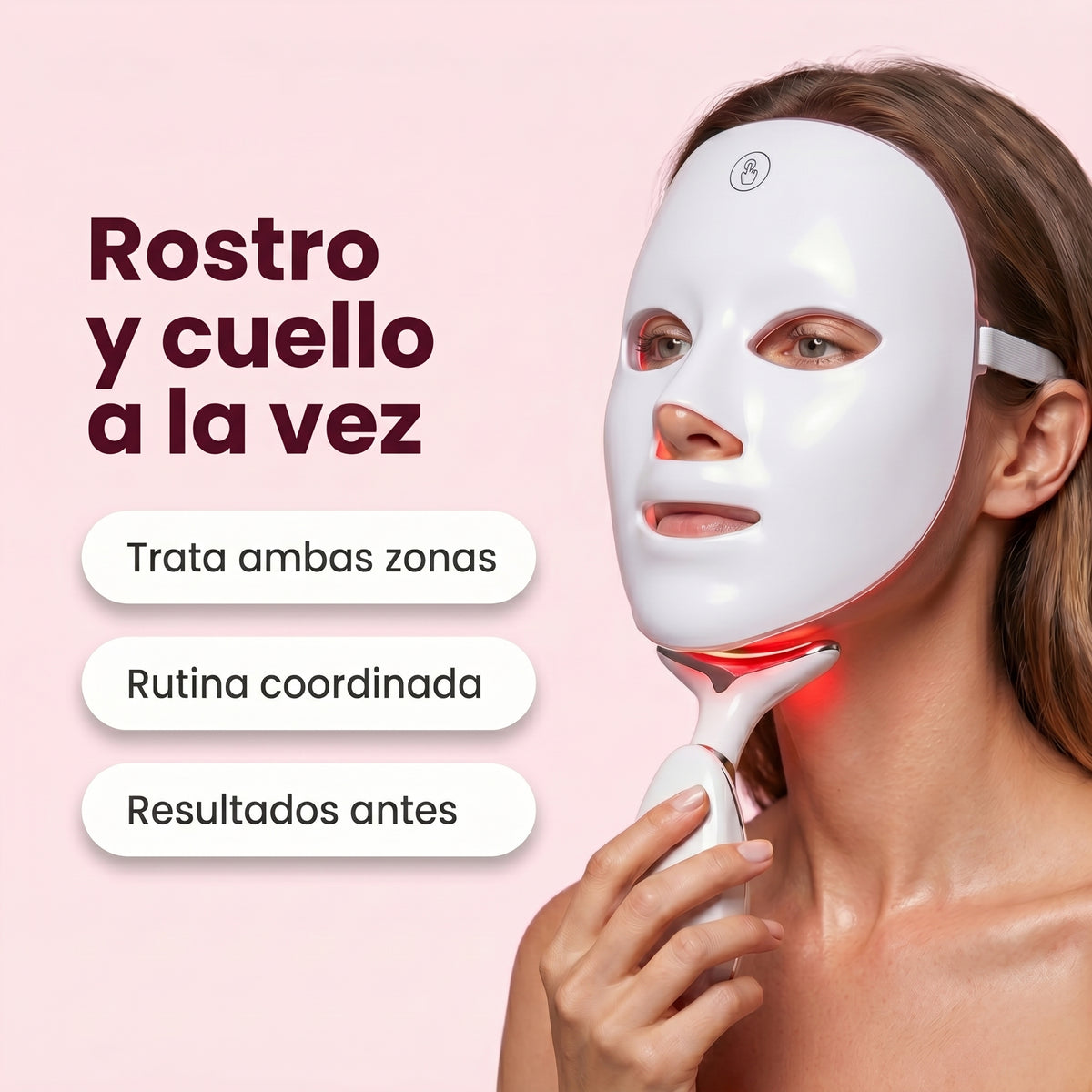 Mujer usando a la vez la máscara LED facial Velvia y el masajeador de cuello con luz roja encendida